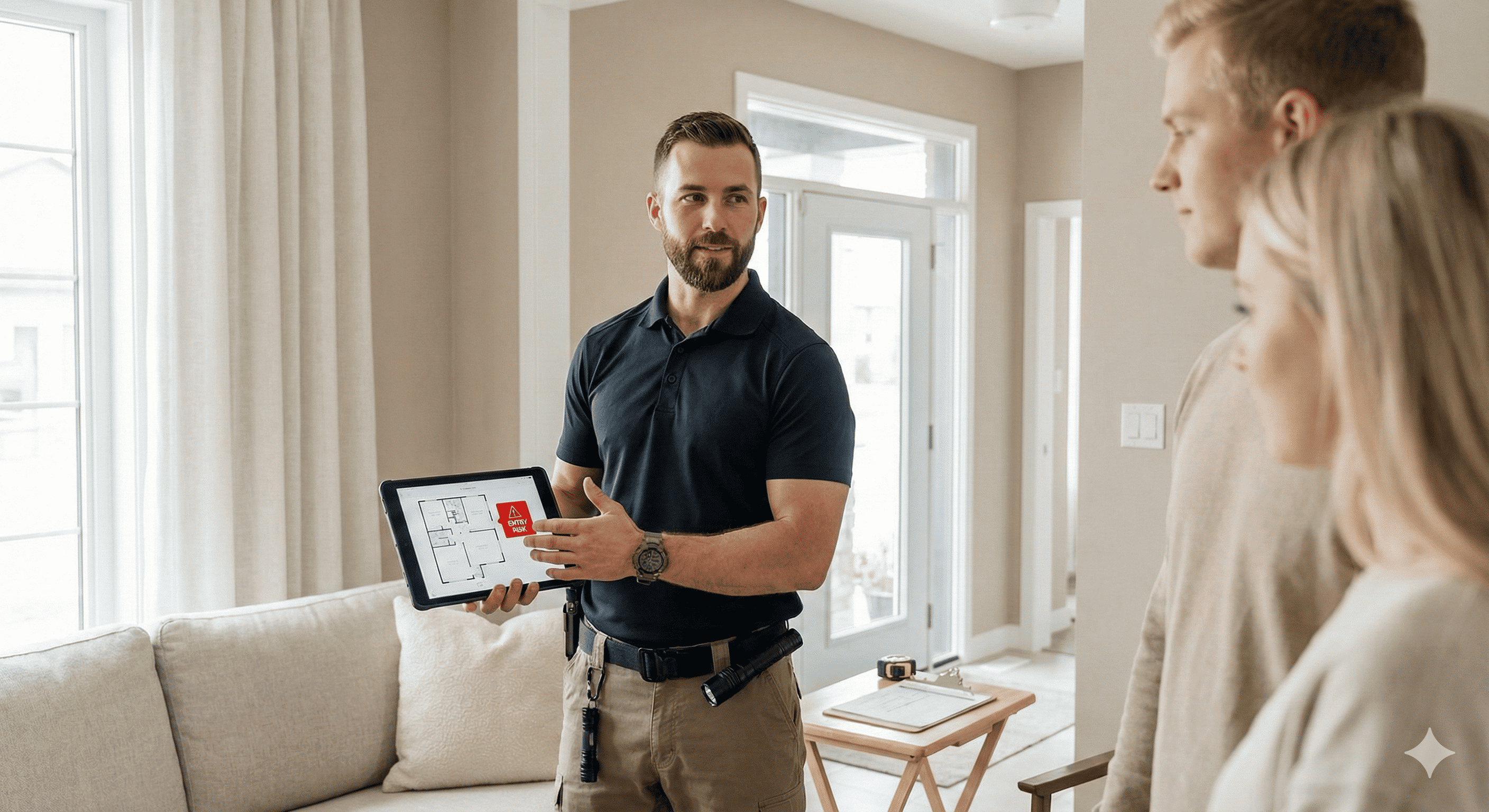 Security consultant with homeowners reviewing floor plan